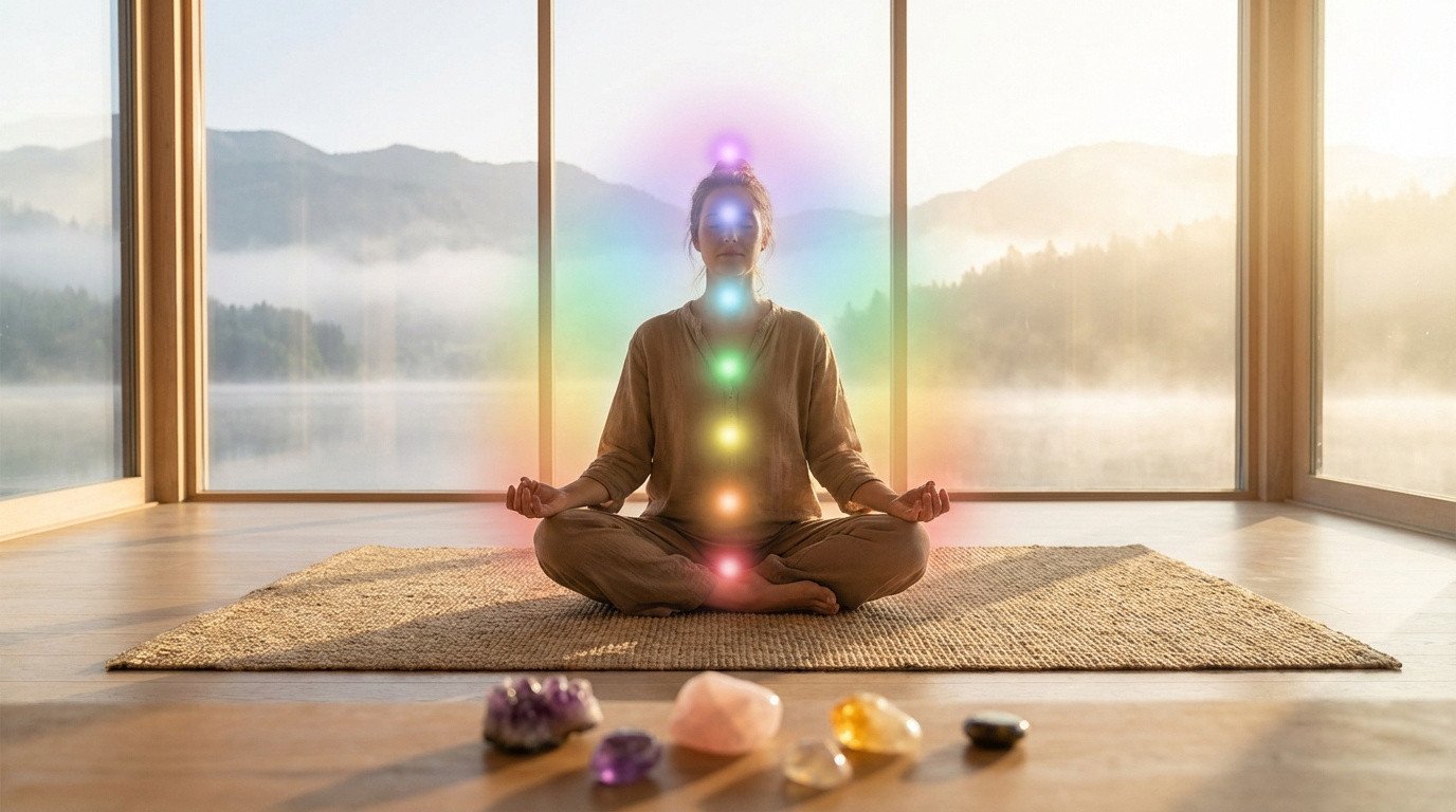 Femme méditant en lotus, ses 7 chakras illuminés, face à un lac brumeux et des montagnes au lever du soleil, avec cristaux.