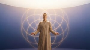 Femme asiatique sereine en robe beige, debout les bras ouverts, devant un motif géométrique lumineux sur fond bleu.