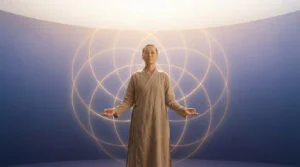 Femme asiatique sereine en robe beige, debout les bras ouverts, devant un motif géométrique lumineux sur fond bleu.