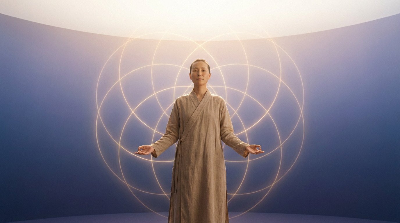 Femme asiatique sereine en robe beige, debout les bras ouverts, devant un motif géométrique lumineux sur fond bleu.