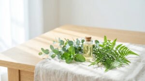 Photo d'une huile essentielle naturelle avec eucalyptus, menthe et fougère, posée sur un chemin de table en lin sur bois.