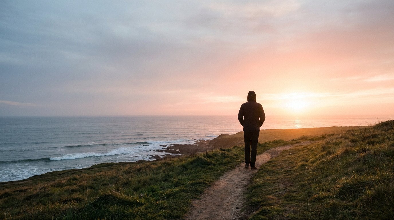 Silhouette marchant sur un sentier côtier herbeux, face à un coucher de soleil orange et rose sur l'océan calme.