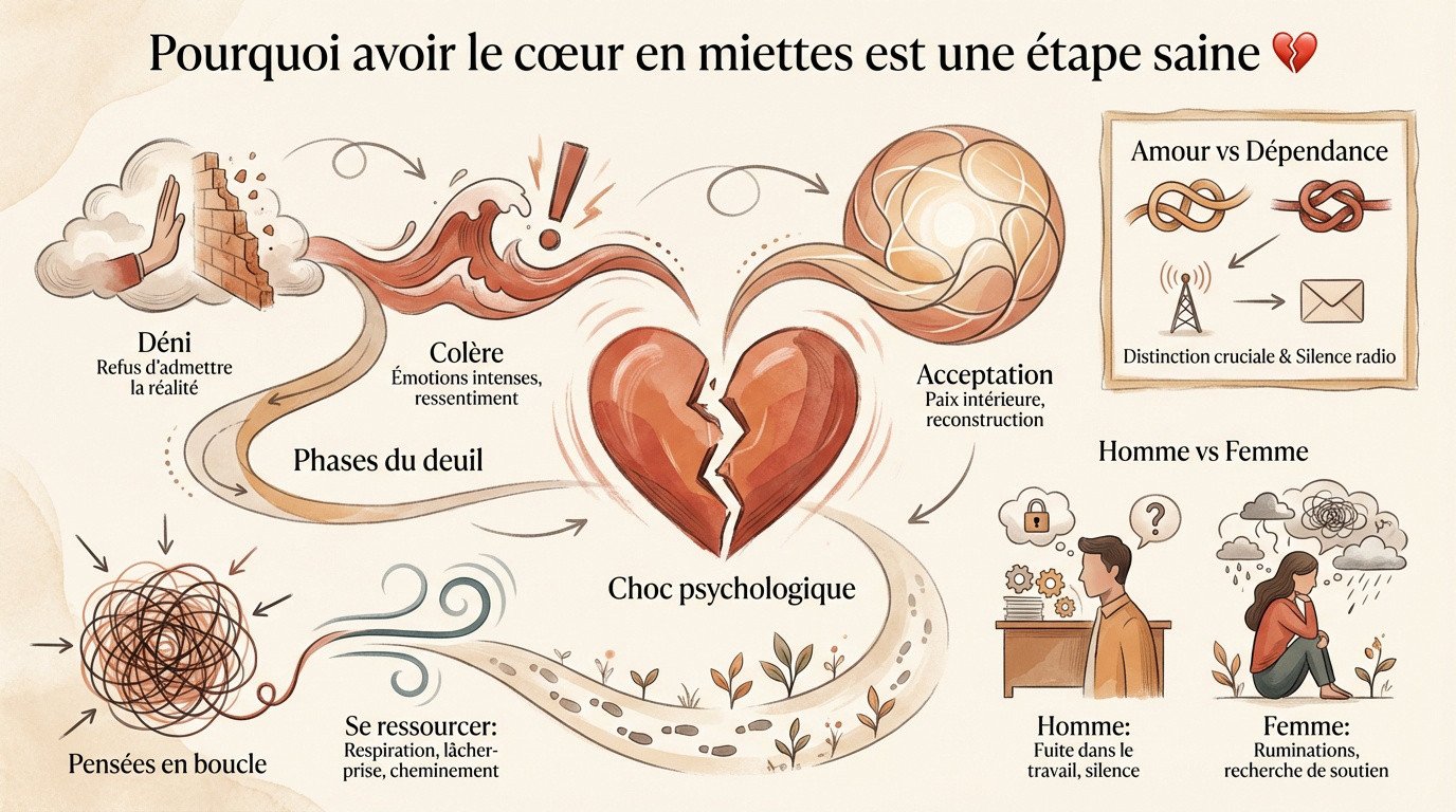 Schéma illustrant les étapes du deuil amoureux et la reconstruction de soi