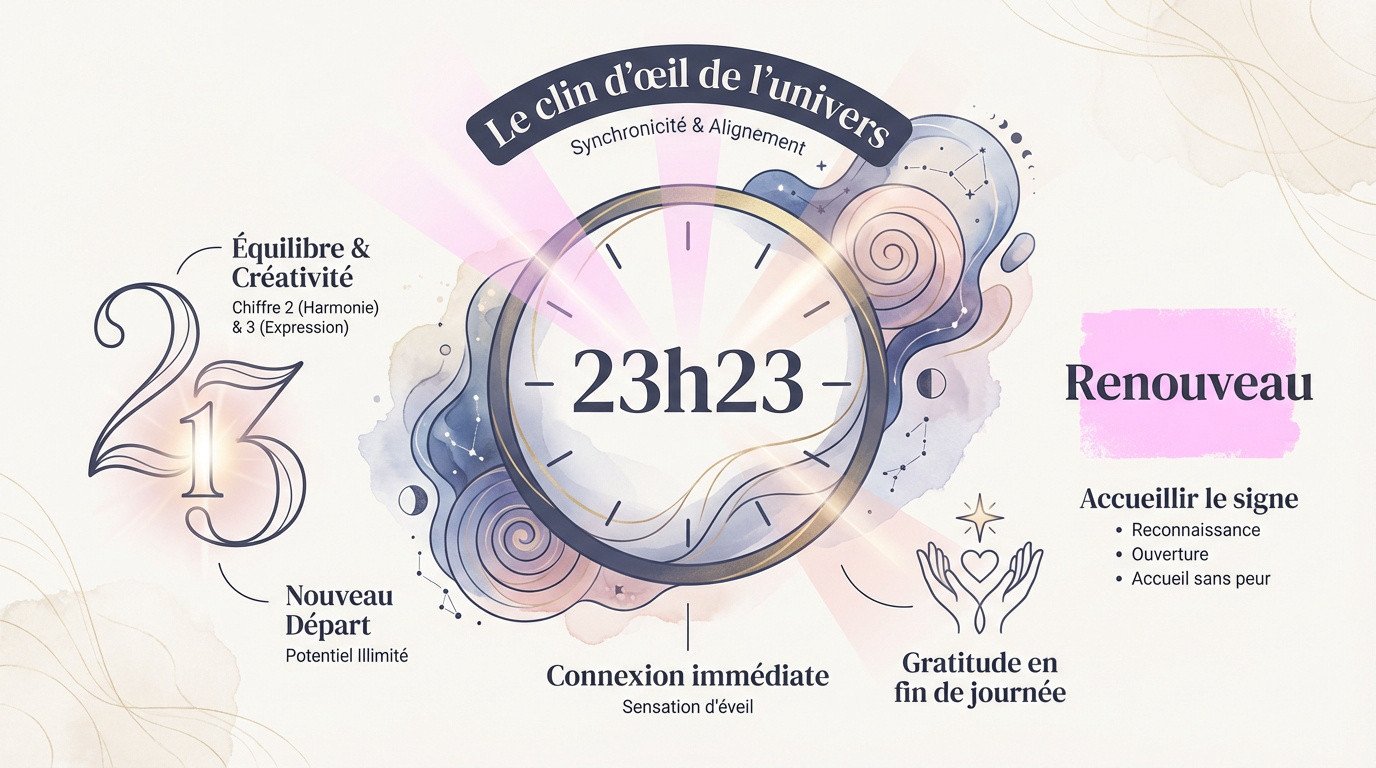Illustration mystique de l'heure miroir 23h23 symbolisant la connexion spirituelle