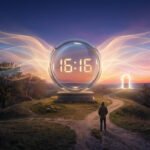 Homme devant horloge lumineuse 16:16 avec ailes éthérées, sur chemin de terre. Un portail céleste s'illumine à l'horizon.