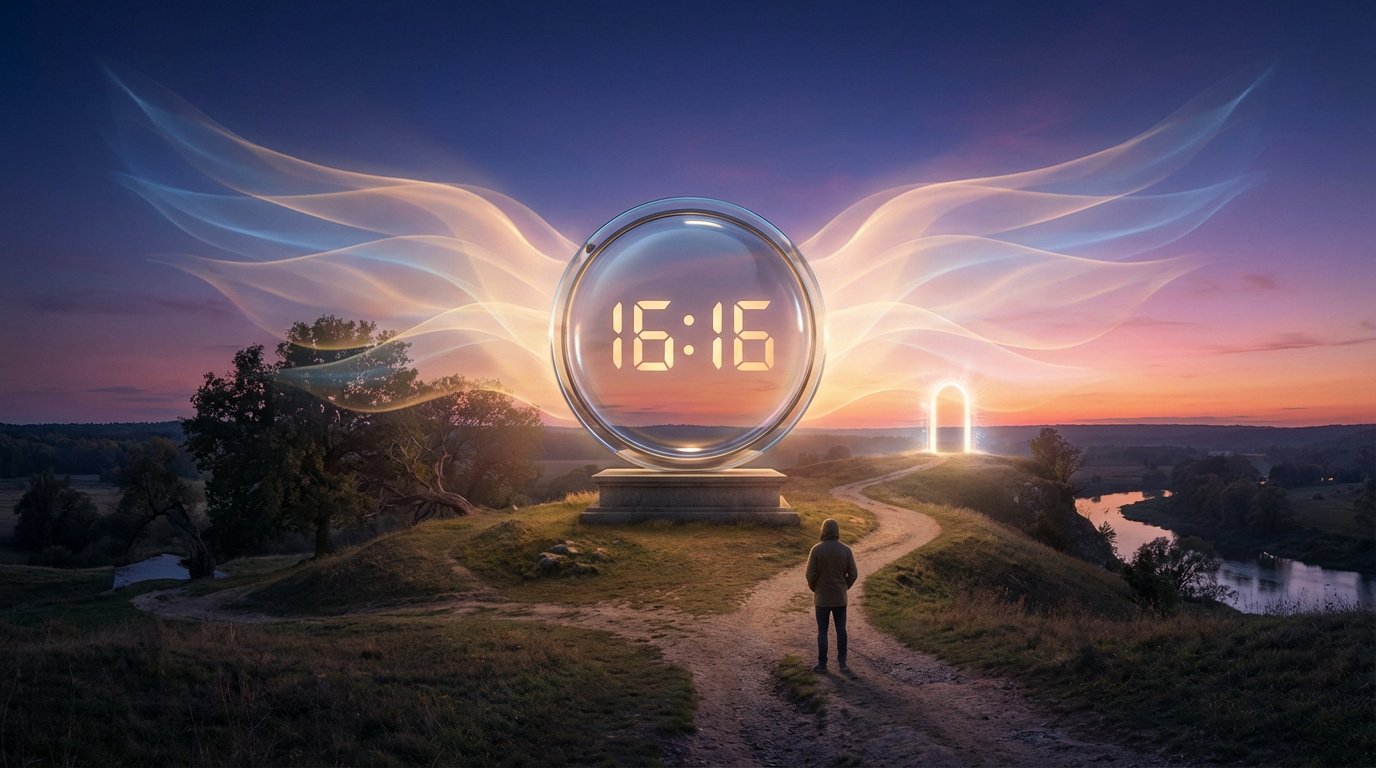 Homme devant horloge lumineuse 16:16 avec ailes éthérées, sur chemin de terre. Un portail céleste s'illumine à l'horizon.