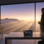 Homme contemplant l'aube sur les montagnes depuis une grande fenêtre; un téléphone affiche "07:07" sur une table.