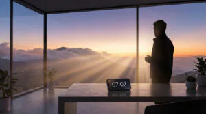 Homme contemplant l'aube sur les montagnes depuis une grande fenêtre; un téléphone affiche "07:07" sur une table.