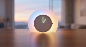 Réveil sphérique lumineux affichant 1h05, posé sur une table en bois. L'objet diffuse des couleurs pastel sur un fond de fenêtre flou.