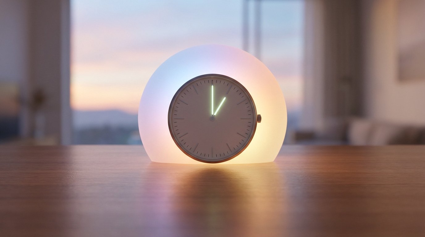 Réveil sphérique lumineux affichant 1h05, posé sur une table en bois. L'objet diffuse des couleurs pastel sur un fond de fenêtre flou.