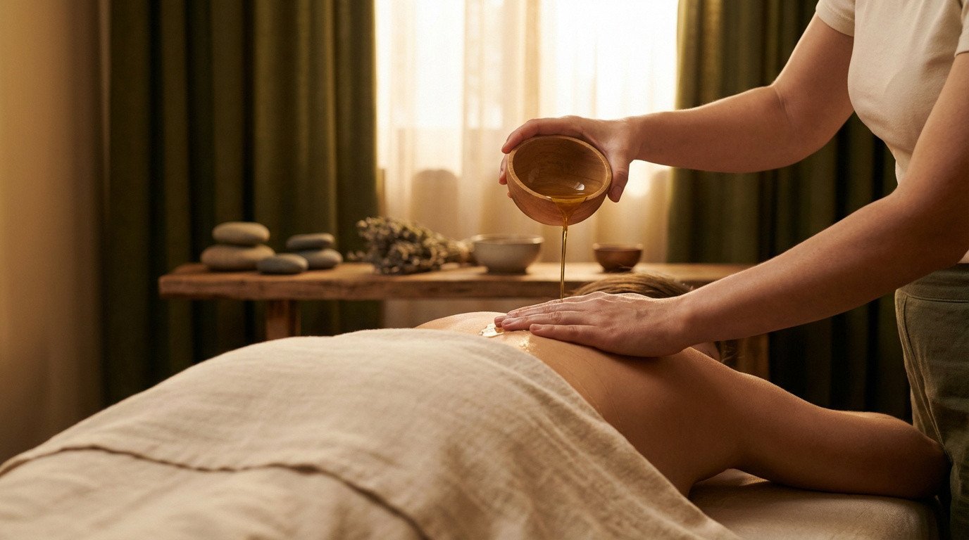 Un thérapeute verse de l'huile chaude depuis un bol en bois sur le dos d'une personne recevant un massage ayurvédique relaxant.