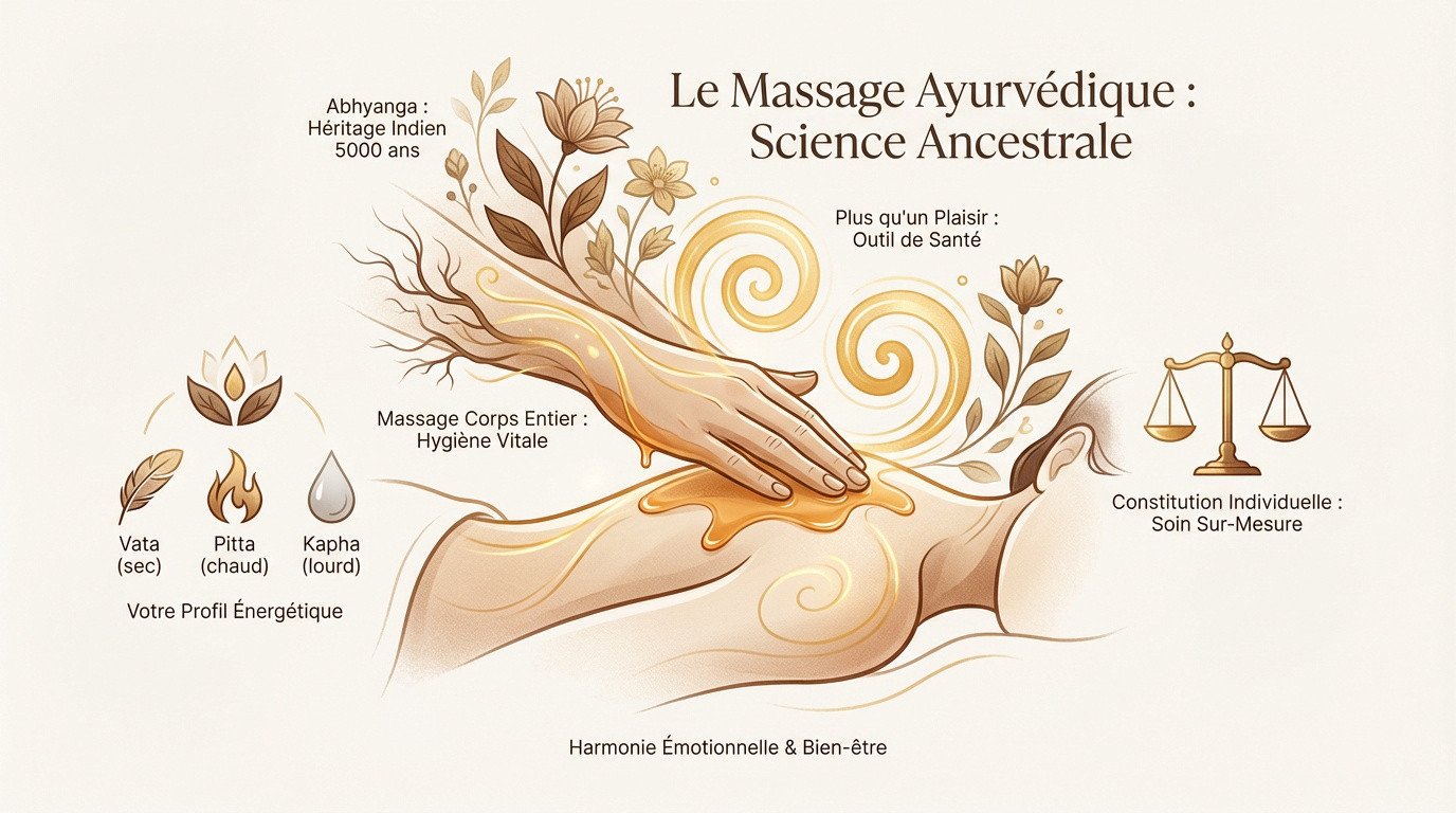 Praticien effectuant un massage ayurvédique Abhyanga avec de l'huile chaude