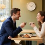 Deux personnes souriantes en rendez-vous au café, levant leurs tasses de café. Un croissant est sur la table.