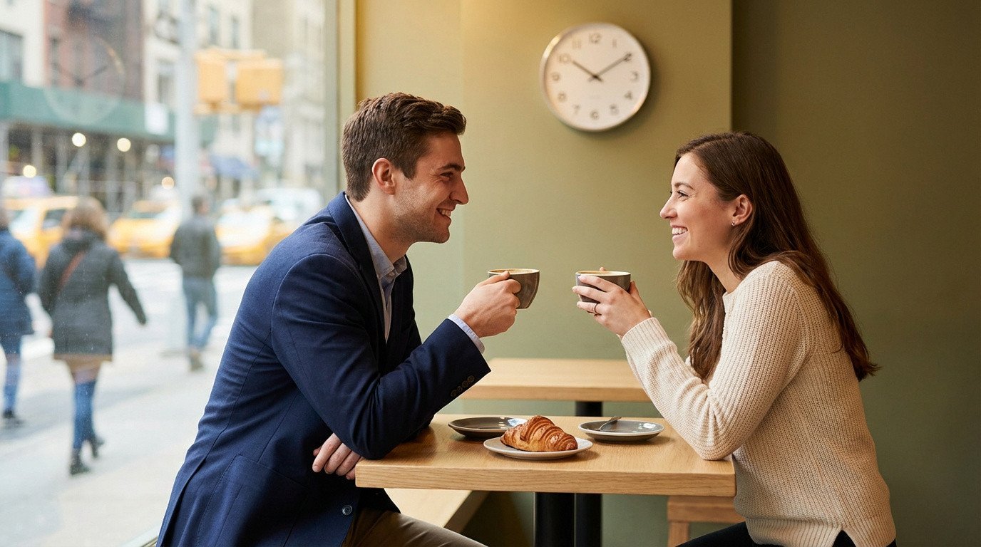 Deux personnes souriantes en rendez-vous au café, levant leurs tasses de café. Un croissant est sur la table.