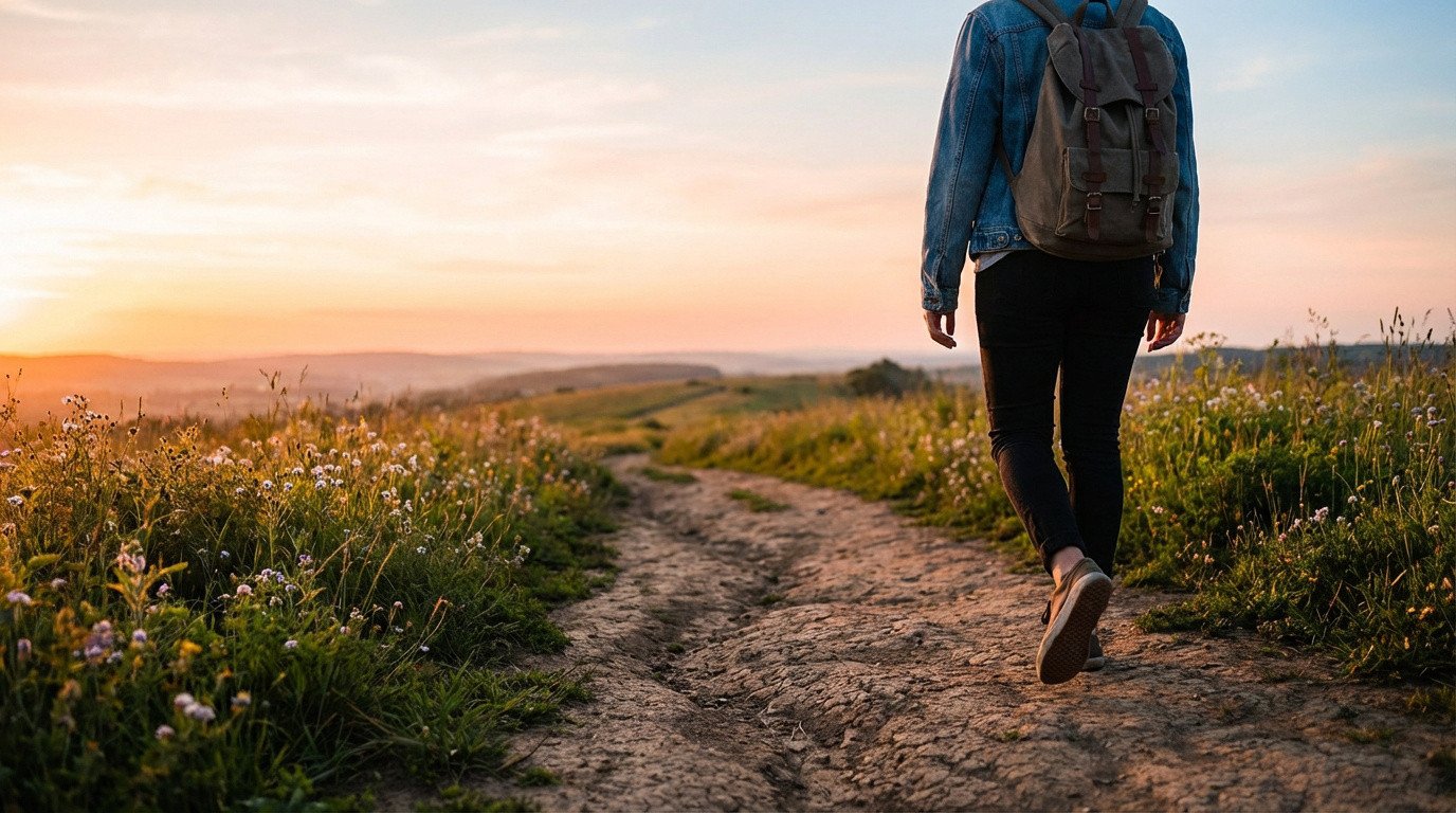 Une personne vue de dos avec un sac à dos marche sur un chemin de terre sinueux, à travers un champ, au lever du soleil. Symbole de nouveau départ.