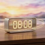 Horloge numérique affichant 08:08 avec des chiffres lumineux dorés et des traînées de lumière, sur une table en bois devant un lever/coucher de soleil flou.