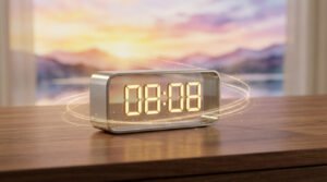 Horloge numérique affichant 08:08 avec des chiffres lumineux dorés et des traînées de lumière, sur une table en bois devant un lever/coucher de soleil flou.