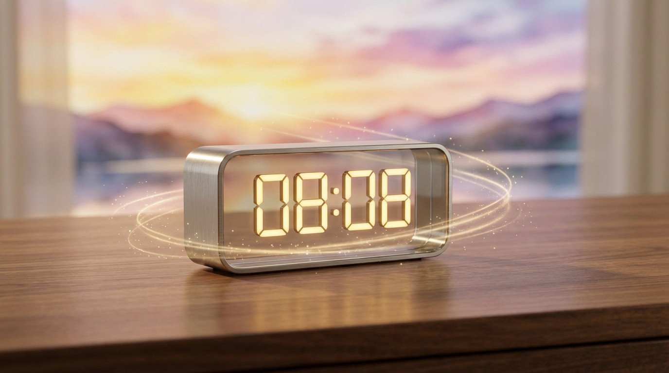 Horloge numérique affichant 08:08 avec des chiffres lumineux dorés et des traînées de lumière, sur une table en bois devant un lever/coucher de soleil flou.