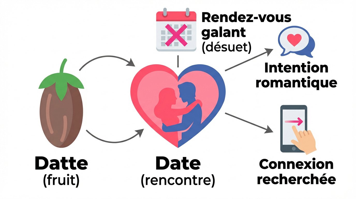 Illustration montrant la différence entre le fruit datte et un rendez-vous amoureux moderne