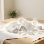 Assortiment de cristaux blancs et transparents (sélénite, howlite, cristal de roche) sur nappe claire, lumière naturelle.