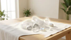 Assortiment de cristaux blancs et transparents (sélénite, howlite, cristal de roche) sur nappe claire, lumière naturelle.