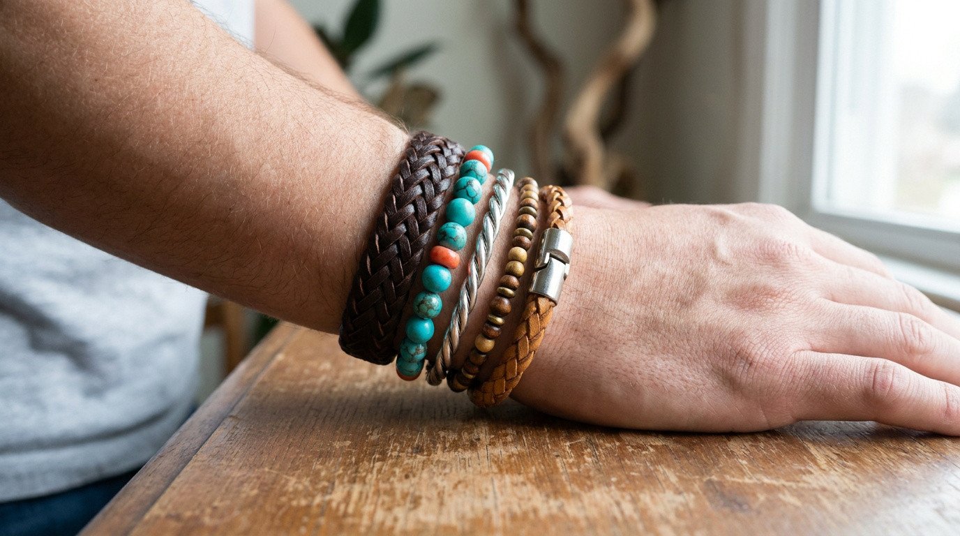 Poignet d'homme avec une superposition de bracelets : cuir marron tressé, perles turquoise, bracelet en métal et perles de bois.