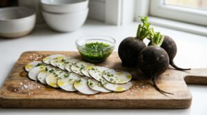 Radis noirs entiers et tranchés, assaisonnés d'huile, herbes et sel, avec une sauce verte sur une planche en bois. Fond de cuisine lumineux.