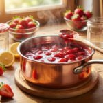 Préparation de confiture de fraises maison : fraises mijotant, sucre, citrons et pots de confiture sur table en bois.