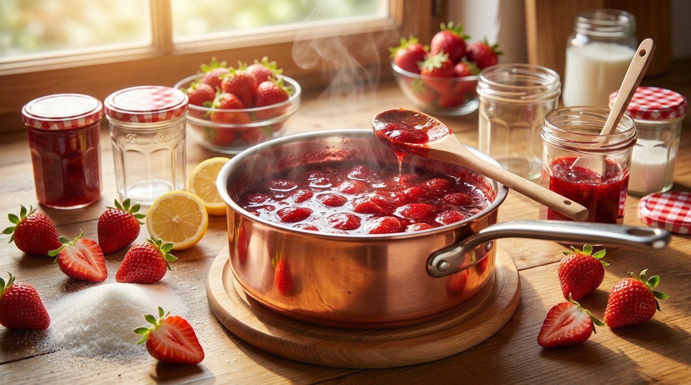 Préparation de confiture de fraises maison : fraises mijotant, sucre, citrons et pots de confiture sur table en bois.