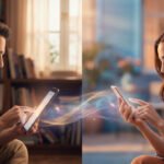 Un homme et une femme souriants communiquent via tablette et smartphone. Des ondes lumineuses les connectent, symbolisant l'amour à distance.