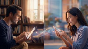 Un homme et une femme souriants communiquent via tablette et smartphone. Des ondes lumineuses les connectent, symbolisant l'amour à distance.