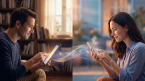 Un homme et une femme souriants communiquent via tablette et smartphone. Des ondes lumineuses les connectent, symbolisant l'amour à distance.