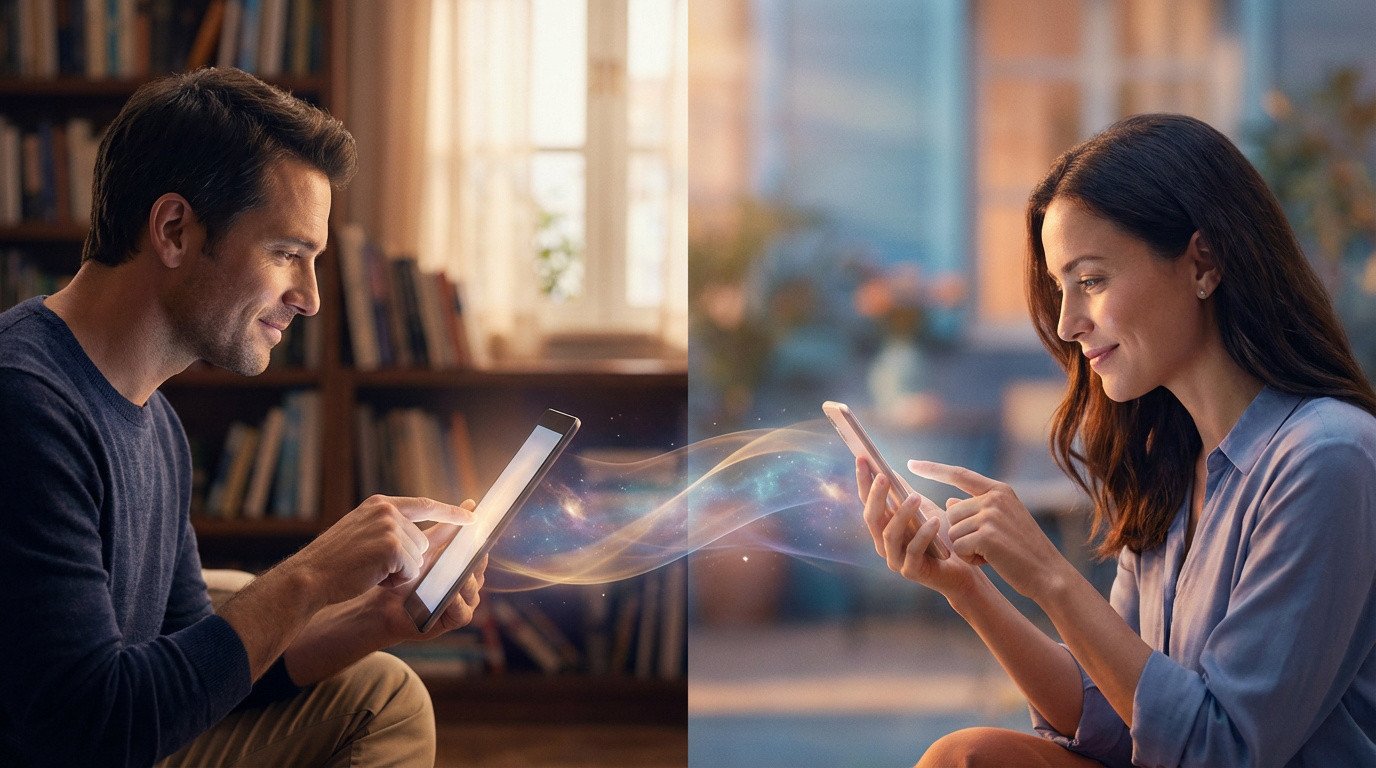 Un homme et une femme souriants communiquent via tablette et smartphone. Des ondes lumineuses les connectent, symbolisant l'amour à distance.