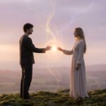 Un homme et une femme se font face sur une colline au crépuscule, les mains ouvertes vers une sphère d'énergie lumineuse et des volutes colorées.
