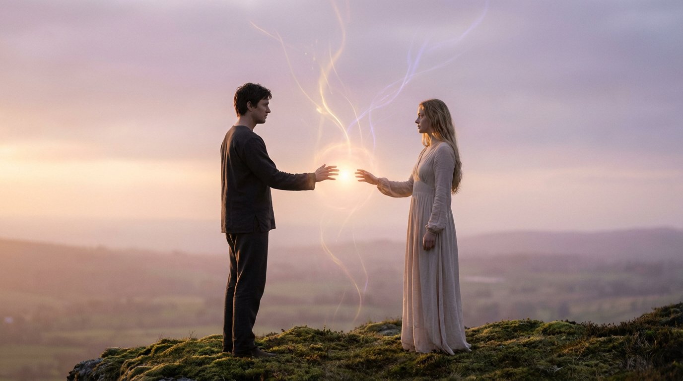 Un homme et une femme se font face sur une colline au crépuscule, les mains ouvertes vers une sphère d'énergie lumineuse et des volutes colorées.