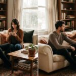 Diptych: un couple sur un canapé, d'abord distant, puis la femme touche l'épaule de l'homme, cherchant la connexion.