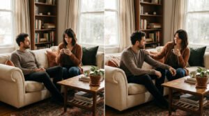 Diptych: un couple sur un canapé, d'abord distant, puis la femme touche l'épaule de l'homme, cherchant la connexion.