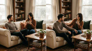 Diptych: un couple sur un canapé, d'abord distant, puis la femme touche l'épaule de l'homme, cherchant la connexion.