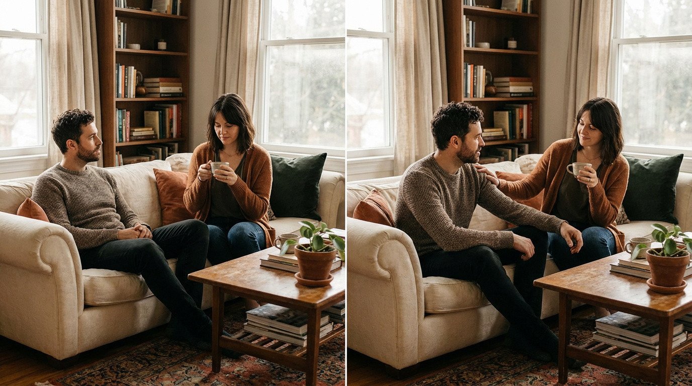 Diptych: un couple sur un canapé, d'abord distant, puis la femme touche l'épaule de l'homme, cherchant la connexion.
