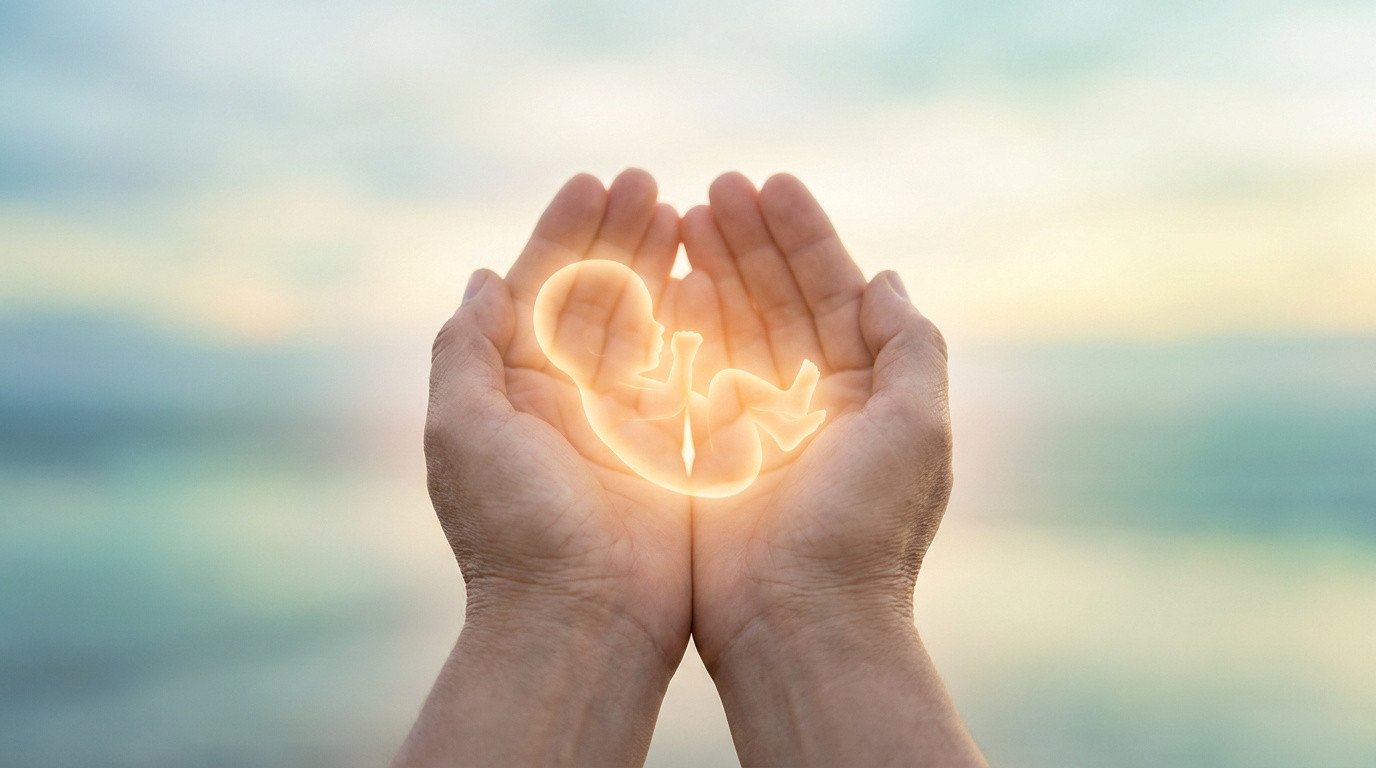 Deux mains adultes ouvertes tiennent délicatement la silhouette lumineuse d'un fœtus sur un fond pastel flou, évoquant la vie et l'espoir.