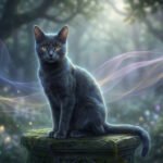 Image d'un chat gris-bleu aux yeux ambrés, assis sur un socle moussue dans une forêt féerique, entouré de voiles lumineux.