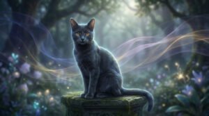 Image d'un chat gris-bleu aux yeux ambrés, assis sur un socle moussue dans une forêt féerique, entouré de voiles lumineux.