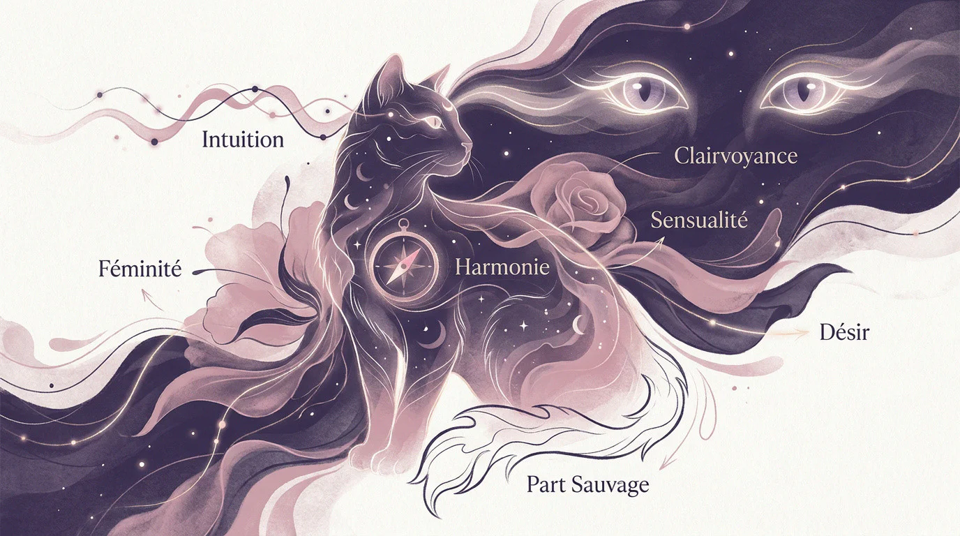 Un chat mystique symbolisant l'intuition et la clairvoyance dans les rêves