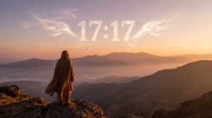 Une personne en robe à capuche contemple des montagnes au coucher du soleil, avec '17:17' lumineux dans le ciel.