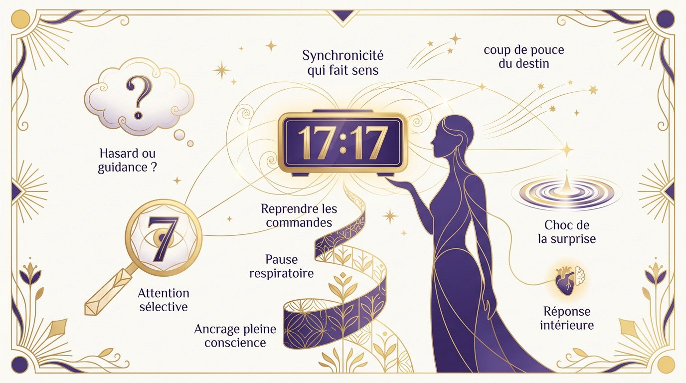 Heure miroir 17h17 affichée sur un cadran numérique symbolisant la synchronicité