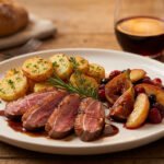 Assiette de magret de canard tranché, pommes de terre rôties, figues, pommes et baies sur table en bois. Vin et pain en arrière-plan.