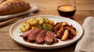 Assiette de magret de canard tranché, pommes de terre rôties, figues, pommes et baies sur table en bois. Vin et pain en arrière-plan.