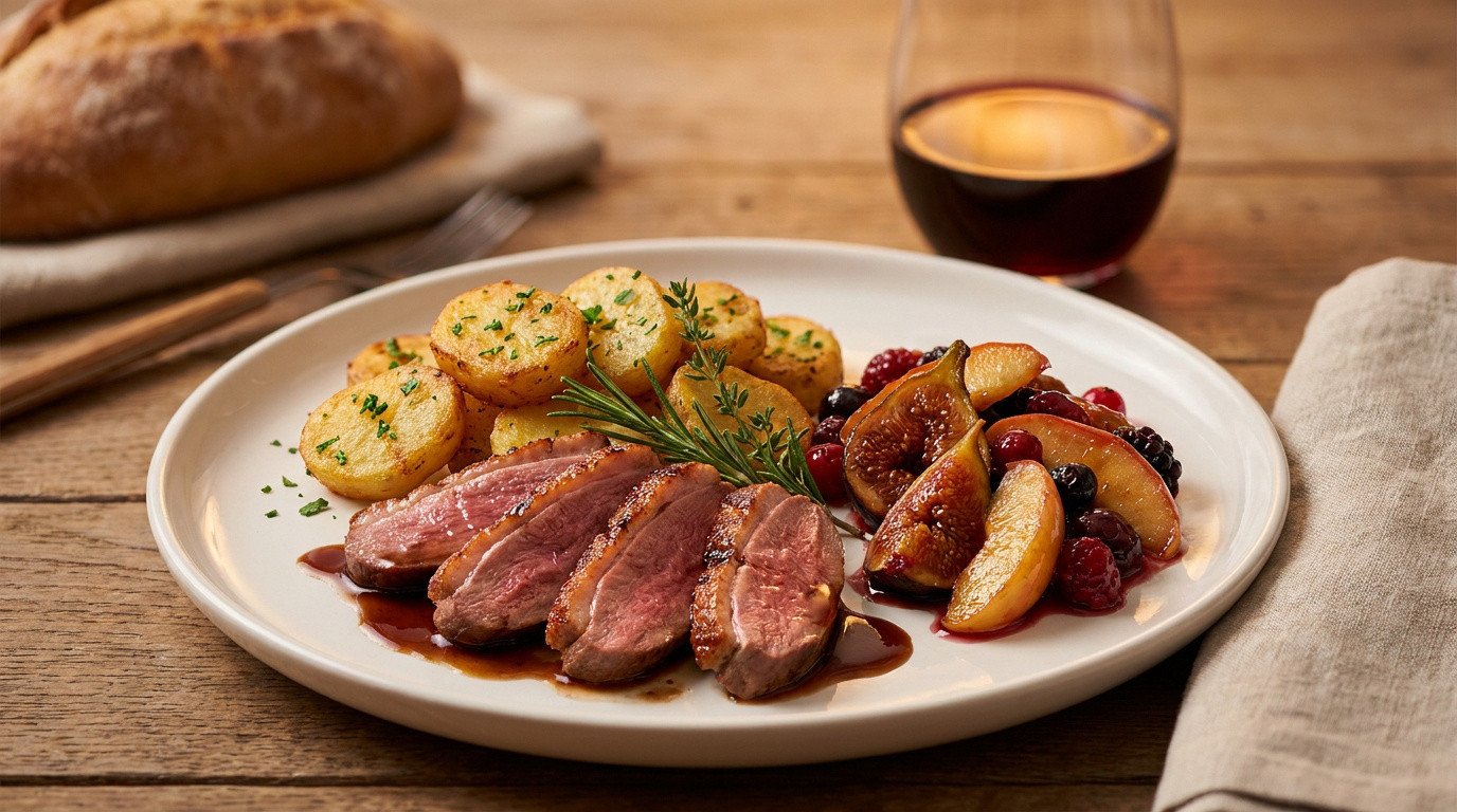 Assiette de magret de canard tranché, pommes de terre rôties, figues, pommes et baies sur table en bois. Vin et pain en arrière-plan.