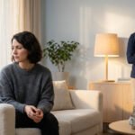 Une femme pensive assise sur un canapé, un homme les bras croisés debout en arrière-plan, illustrant une tension de couple.