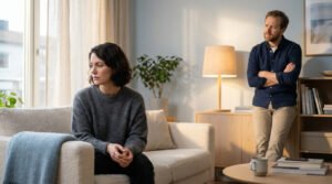 Une femme pensive assise sur un canapé, un homme les bras croisés debout en arrière-plan, illustrant une tension de couple.